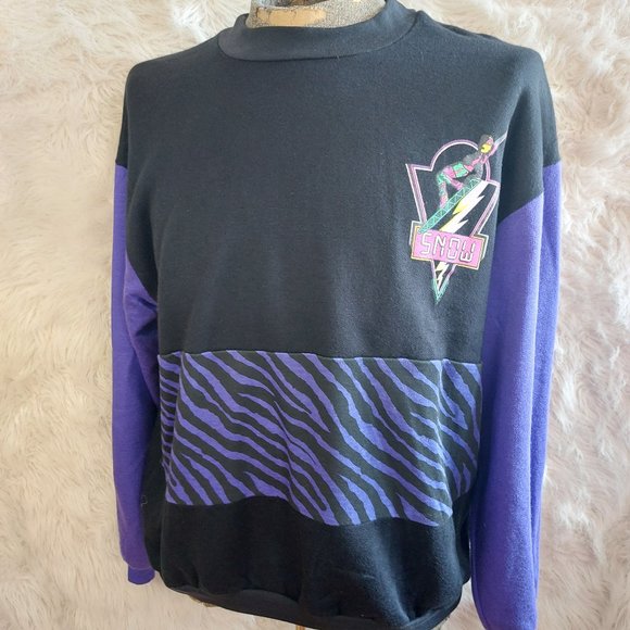 Vintage 90s Sun Sations Sport Wear Snow Pro Team Black Purple Sweatshirt XL - Picture 1 of 13